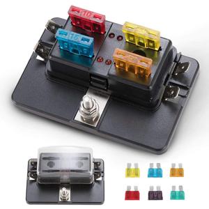 BUNKER INDUST 4-Way Blade Fuse Box with LED Indicator for Blown Fuse,Fuse Block Holder Box with Protection Cover for Car Boat Marine Automotive,Include 12Pcs Blade Fuses