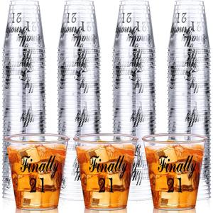 Roshtia 100 Pcs 21st Birthday Shot Glass Finally 21 Plastic Shot Glass Disposable Shot Glasses 2 oz Sample Cups Clear Plastic Shot Cups for Him or Her Celebrate Twenty One 21st Birthday Party Supplies (Black)