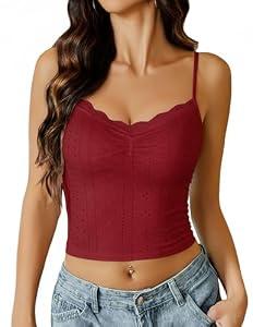 Avidlove Womens Lace Tank Tops Spaghetti Strap Eyelet Pleated Bustier Red Crop Tops Summer Going Out Cami(Red, L)