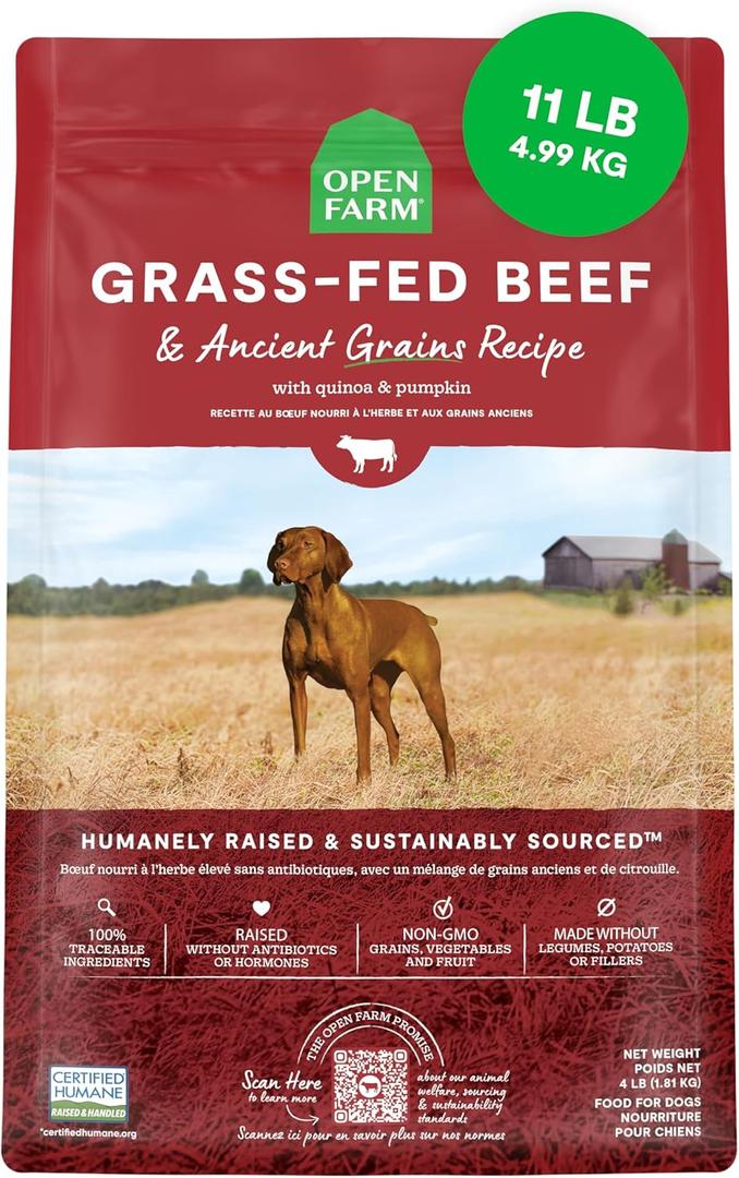 Open Farm, Ancient Grains Dry Dog Food, Protein-Rich & Nutrient Dense, 90% Animal Protein Mixed with Non-GMO Fruits, Veggies and Superfoods, Grass-Fed Beef Recipe, 11lb Bag, Best By: 09/18/2026