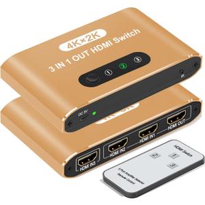 HDMI Switch 3 in 1 Out, 4K@60Hz HDMI Splitter with Remote Control, 3 Ports HDMI Switcher, Perfect for Full HD 4K 1080P 3D Video Roku Fire TV Blu-ray Players Stick Apple PS4/PS5 Xbox Chromecast (Gold)