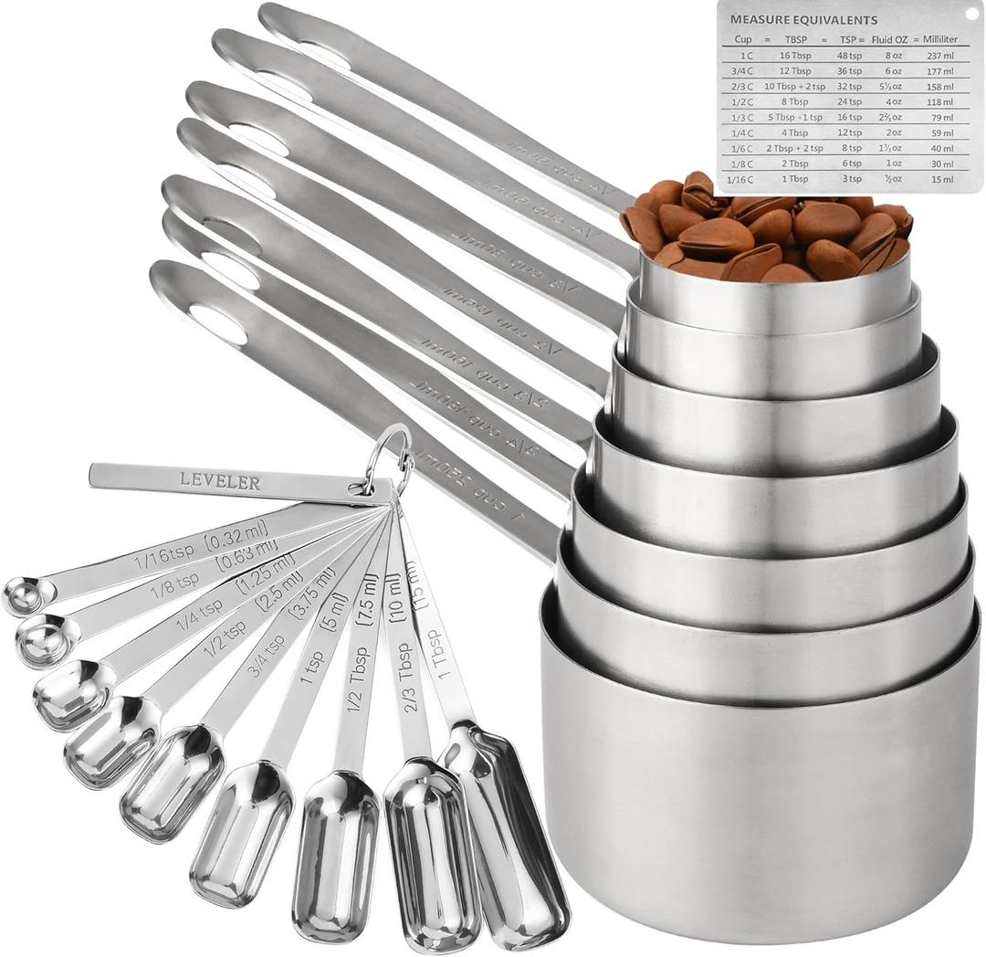 Measuring Cups and Spoons Set of 19, 7 Stainless Steel Stackable Measuring Cups, 9 Measuring Spoons, Metal Measuring Spoons and Cups for Dry or Wet Ingredients During Kitchen & Baking