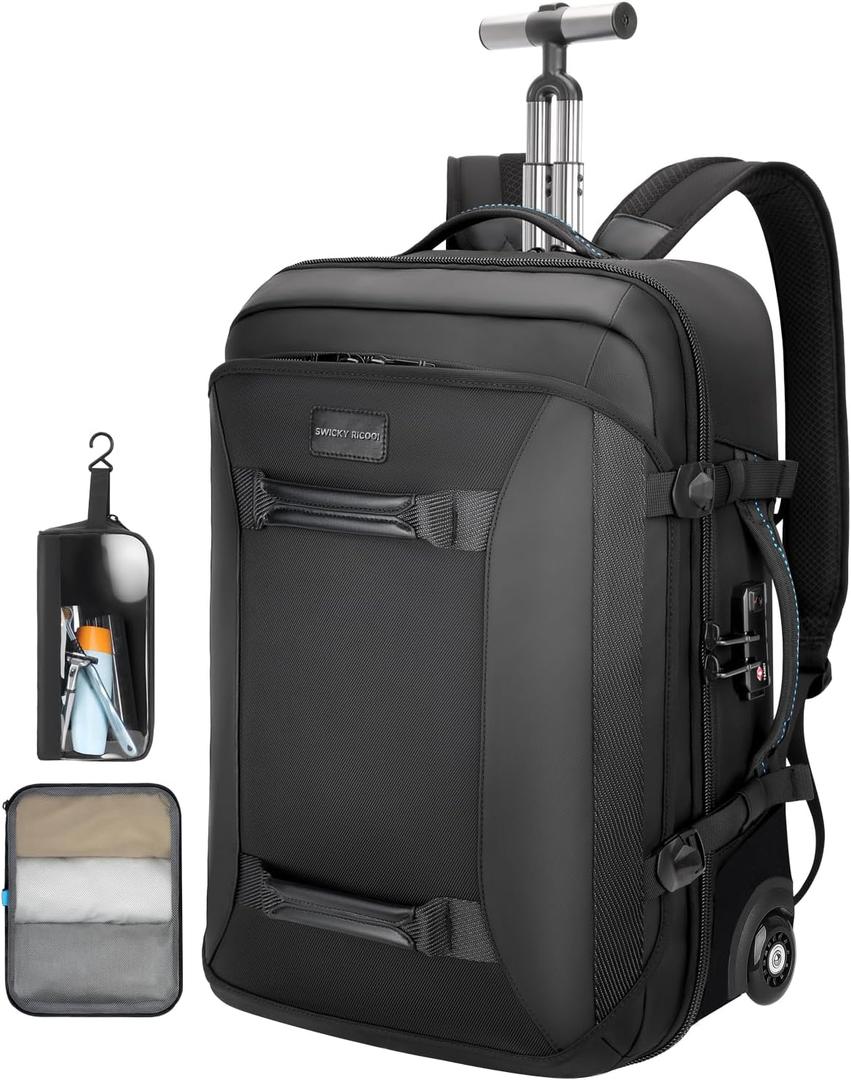Backpack with wheels,Rolling laptop backpack with 2 Packing Cubes,Water-Resistant,Wheeled backpack Suitcase for Men Adults to Travel, Commuting,Black