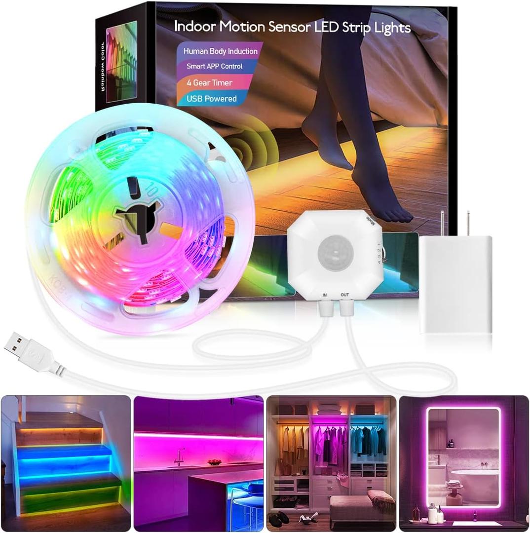 Daymeet Motion Sensor Under Bed Lights, 9.8ft RGB Motion Activated LED Strip Lights with Automatic Shut Off Timer App Control Cabinet Night Light Closet Lights for Hallway, Kitchen,Bedroom,Stair (Multicolor)