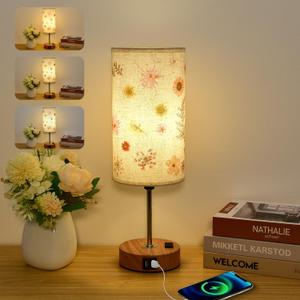 Flower Touch Table Lamp,3-Way Dimmable Bedside Lamps with USB Port and Outlet,Cute Lamp with Wood Grain Base,Vintage Lamp for Bedroom,Dormitory,Room Decor,flower2 (linen flower2)