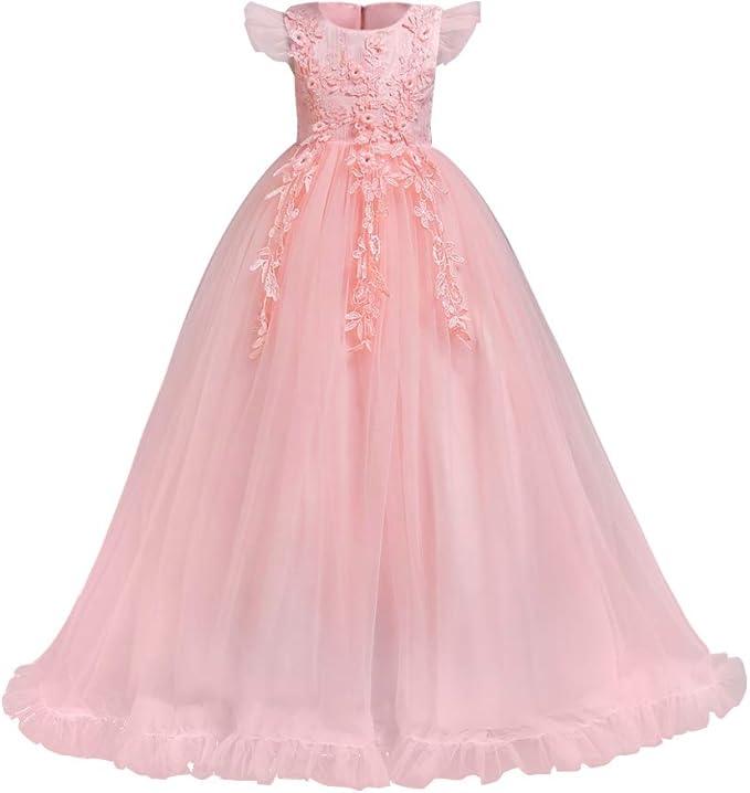 Flower Girls Maxi Dress Bridesmaid Wedding Pageant Party Princess Communion Floral Boho Vintage Lace Dance Gown, Size 160