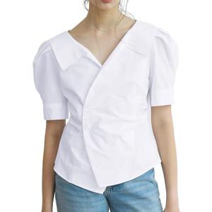 SUNNOW Women's Puff Sleeve Wrap Blouse Elegant Collar Top with Waist Tucks & Asymmetrical Design for Office and Date Night (White, L)