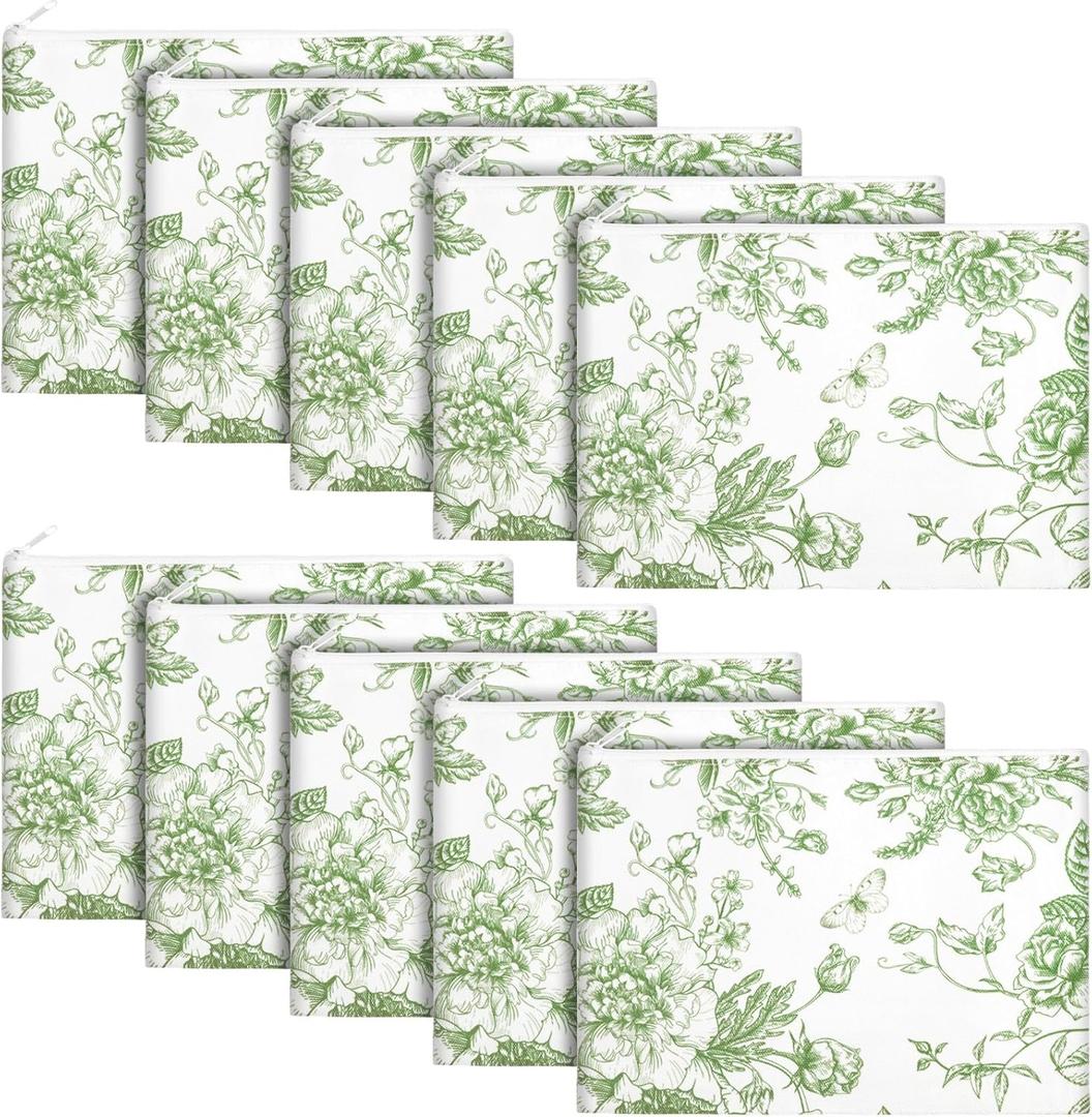 10 Pcs Floral Makeup Bags with Zipper Canvas Cosmetic Bags Bulk for Women Pencil Bag Travel Toiletry Pouch Gift for Health Nurse Mother Teacher(Green)