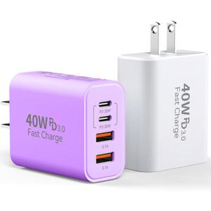 USB C Charger Block, 2Pack 40W 4 Ports Type C Fast Phone Charging Cubes PD Wall Plug+QC 3.0 USB A Charger Power Brick Box for iPhone 16/15/14/13/12/11 Pro Max, iPad, Galaxy, Pixel,White+Purple