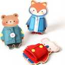 Wooden Dressing Skills Toys for Toddlers, Montessori Fine Motor Set with Zipper, Snap & Button Practice, 3 Animal Boards (Bear/Fox/Koala), Quiet Travel Toy for Preschool, Ages 2+