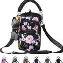 40z Water Bottle Carrier Bag, Neoprene Water Bottle Sleeve with 4 Pocket, Sport Water Holder with Paracord Handle and Shoulder Strap for Walking Hiking Camping Gym (04.Black Flower)