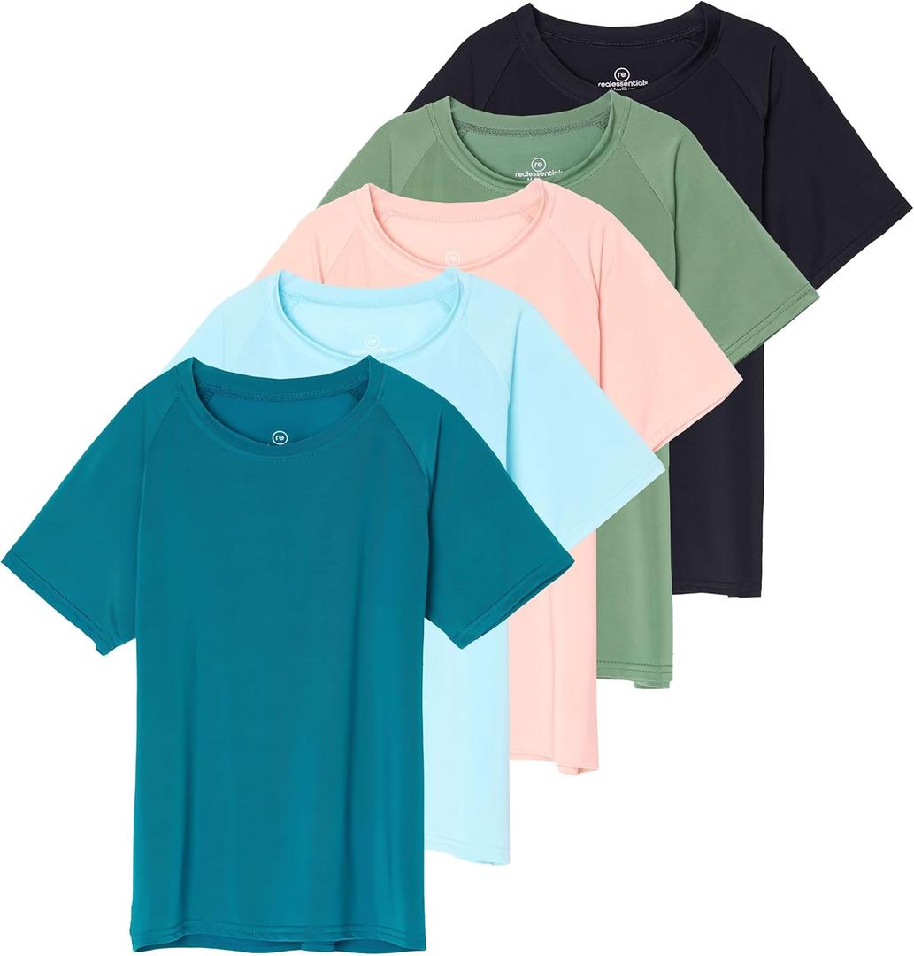 Real Essentials 5 Pack: Girls Rash Guard Swim Shirts  Short Sleeve UPF Sun Protection Tops (Ages 4-16) (X-Large)