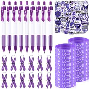 Lyrow 250 Pieces Domestic Violence Awareness Bumper Stickers Silicone Ribbon Wristbands Purple Ribbon Pins Breast Cancer Breast Cancer Awareness Pen for Accessories