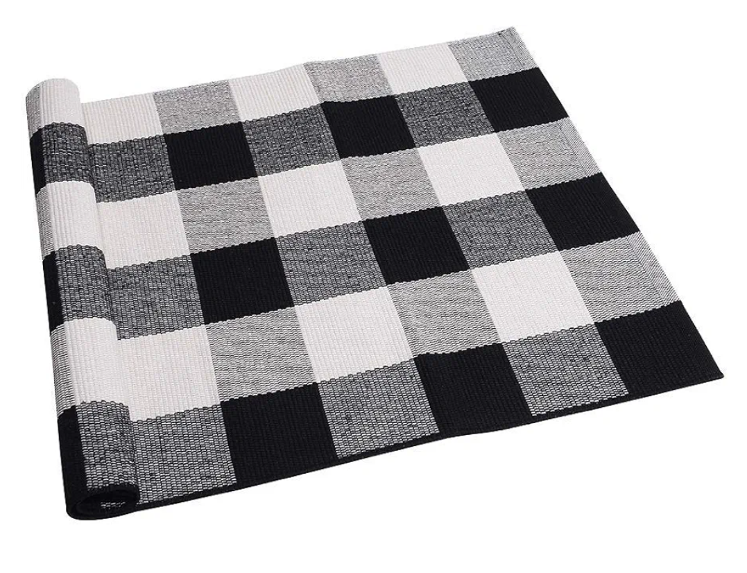Cotton Buffalo Plaid Rug 2'x3' Black and White Checked Rug Washable Doormats Indoor Outdoor Rugs for Layered Front Door Mats, Porch, Kitchen, Farmhouse, Entryway, Size 90x150cm