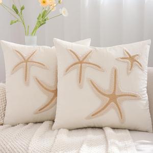 Tosleo Coastal Pillow Covers 18x18 Pack of 2 Beach Sea Stars Embroidered Throw Pillow Covers Beige Velvet Pillow Cushion Cases Farmhouse Decor Ocean Themed Cushion Covers for Spring Summer
