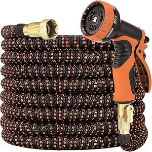 Golden Garden 100ft Orange Expandable Garden Hose: Flexible Water Hose with 10 Function Spray Nozzle and Hose Storage Bag, Heavy Duty Hose with Solid Brass Fittings, Premium Quality, Save Water