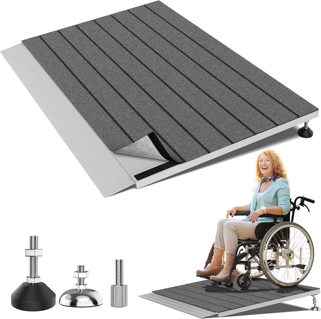 Threshold Ramps for Wheelchairs, Adjustable Height 1.8"-5.3" and 24"x36" Platform Aluminum Wheelchair Ramp, Door Threshold Ramps with a Non-Slip Thick Door Mat for Scooters, Power Chairs, Cart