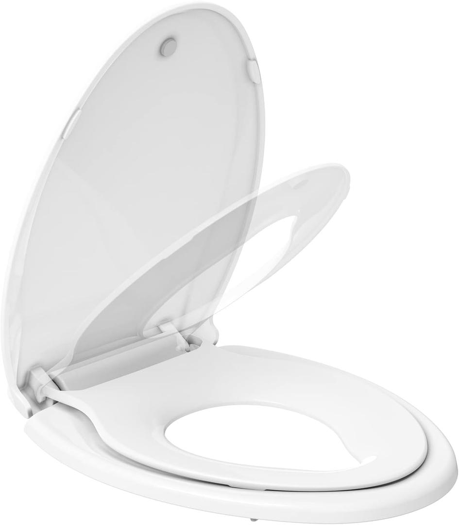 Elongated Toilet Seat with Built in Potty Training Seat, Potty Training Toilet Seat for Toddlers, Magnetic Kids Seat and Cover, Slow Close and Never Loosen, Fits both Adult and Child, White Elongated