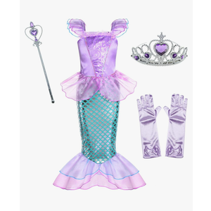 Little Girls Mermaid Princess Costume for Girls Dress Up Party with Gloves,Crown Mace 3-10 Years. Size S