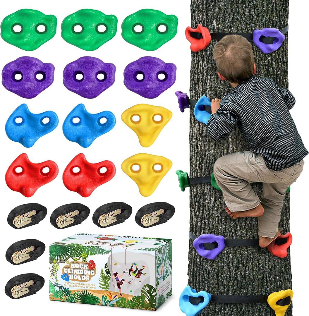 TOPNEW 12 Ninja Tree Climbing Holds for Kids Climber, Adult Climbing Rocks with 6 Ratchet Straps for Outdoor Ninja Warrior Obstacle Course Training (Multicolor)