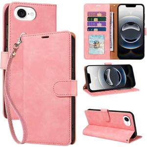 for iPhone 16e Wallet Case, RFID Blocking 4 Card Slots Holder Cover for iPhone 16e 2025 6.1 Inches, Wrist Strap, Shockproof Protective Stand Leather Folio Flip Cases (Pink)