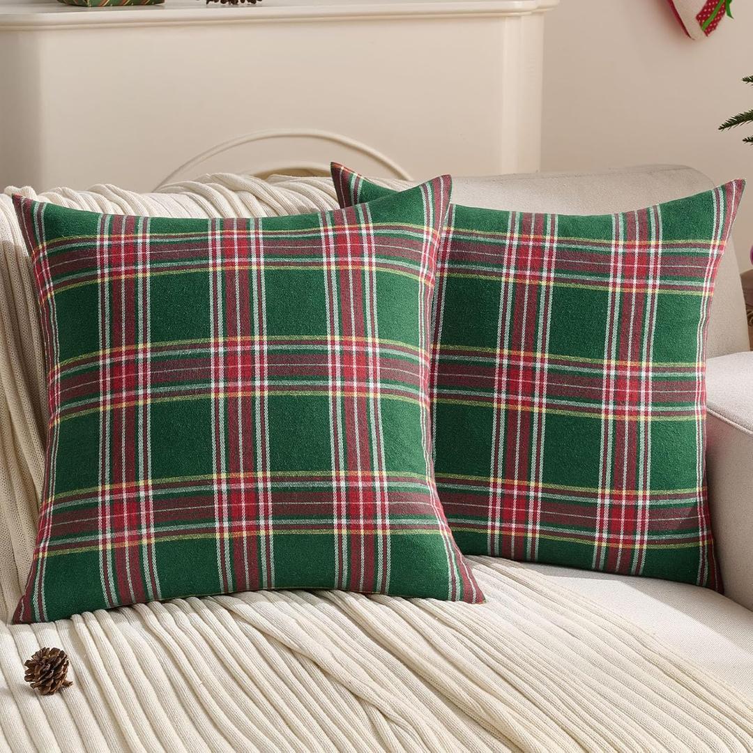 FUTEI Christmas Green Plaid Throw Pillow Covers 24x24 Inch Set of 2 Buffalo Check Holiday Decorative Euro Pillow Shams Farmhouse Home Decor for Couch Bed Living Room