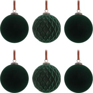 6Pcs Large Velvet Christmas Ball Ornaments 4" Dark Green Flocked Ornaments Set for Christmas Tree with 10Pcs Velvet Bows Shatterproof Xmas Hanging Decorations for Home Office Holiday Dcor