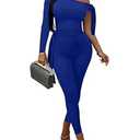 ECHOINE Sexy One Off Shoulder Jumpsuits For Women Long Sleeve Bodycon Rompers One Piece Outfits Blue M
