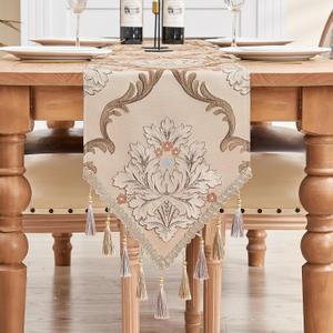 Loom and Mill Vintage Floral Table Runner 108 inches Long, Luxury Jacquard Table Runners with Tassels for Dining Room Kitchen Holiday Table Setting Dresser Party Christmas Decor(Light Khaki, 13x 108")