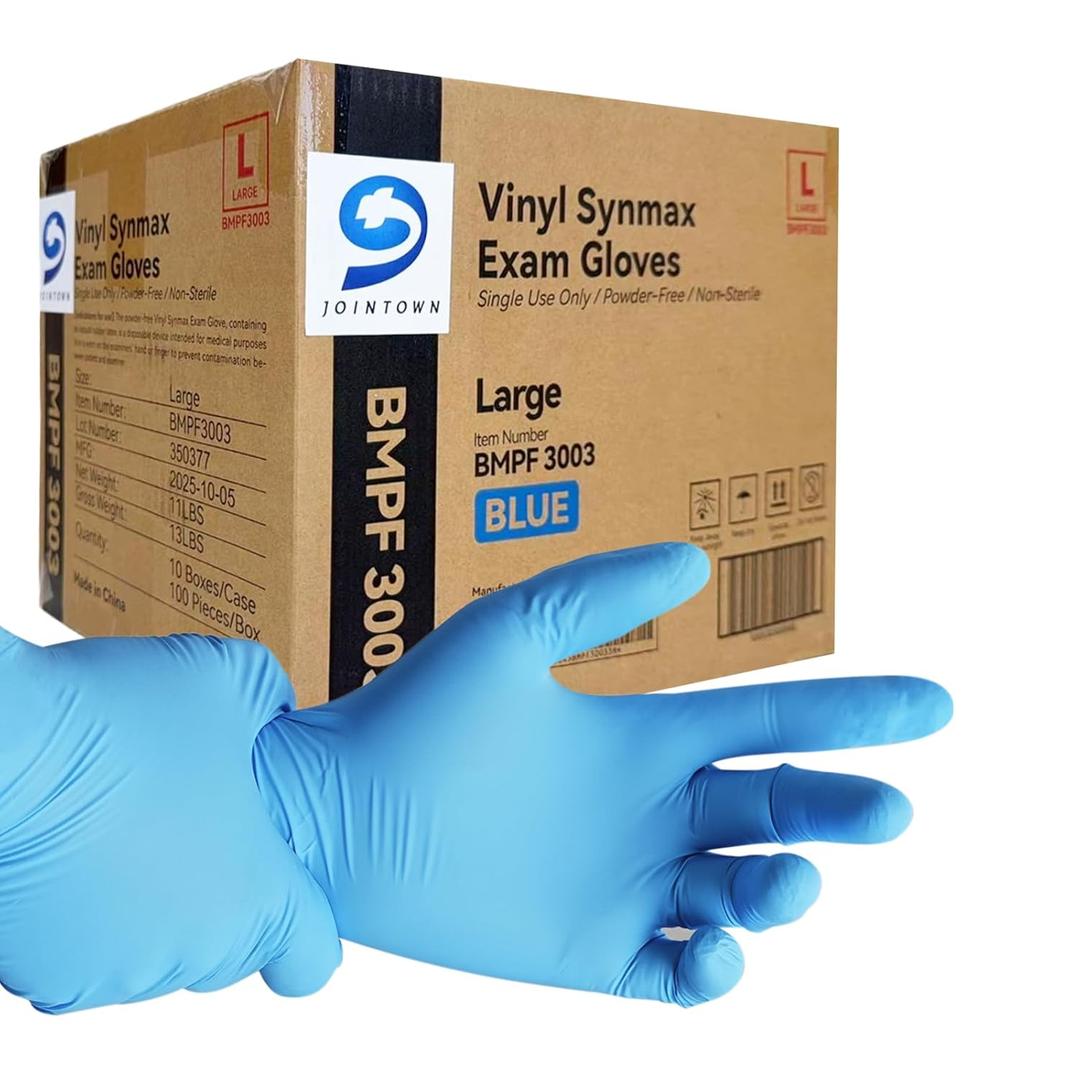Medical Synmax Vinyl Exam Gloves - Latex-Free & Powder-Free - Large, BMPF-3003 (Case of 1000,Blue)