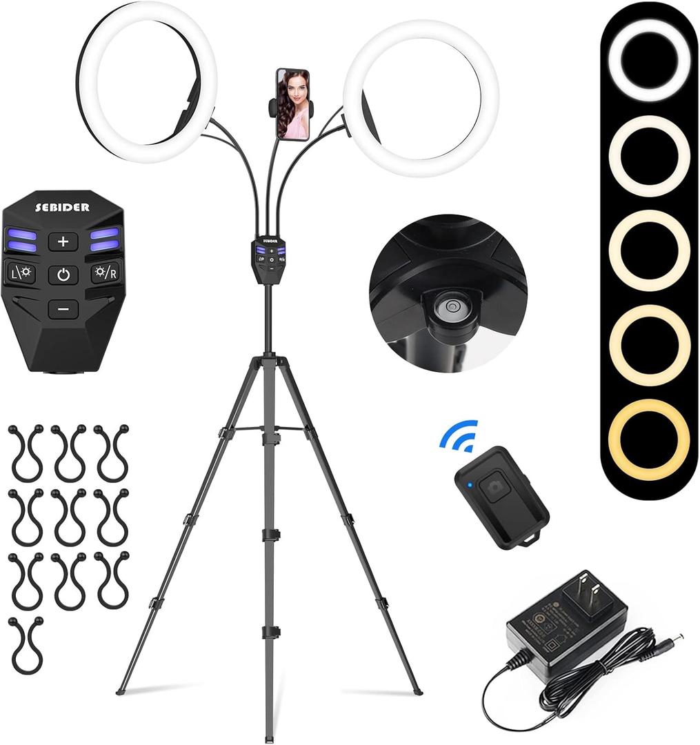 Dual 10" LED Ring Light with Tripod Stand & Phone Holder, Selfie Circle Lights with 5 Light Modes (2700-6500K)&12 Brightness Compatible for Makeup/Photography/TikTok/YouTube/Live Stream