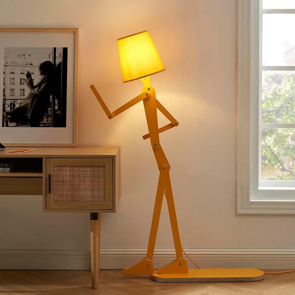 Cool Mini Wood Floor Lamp for Living Room Bedroom Bedside - Office Corner Decorative Reading Standing Light Creative Swing Arm Arc Design Gift for Kids Room - LED Bulb Included (Egg Yellow)