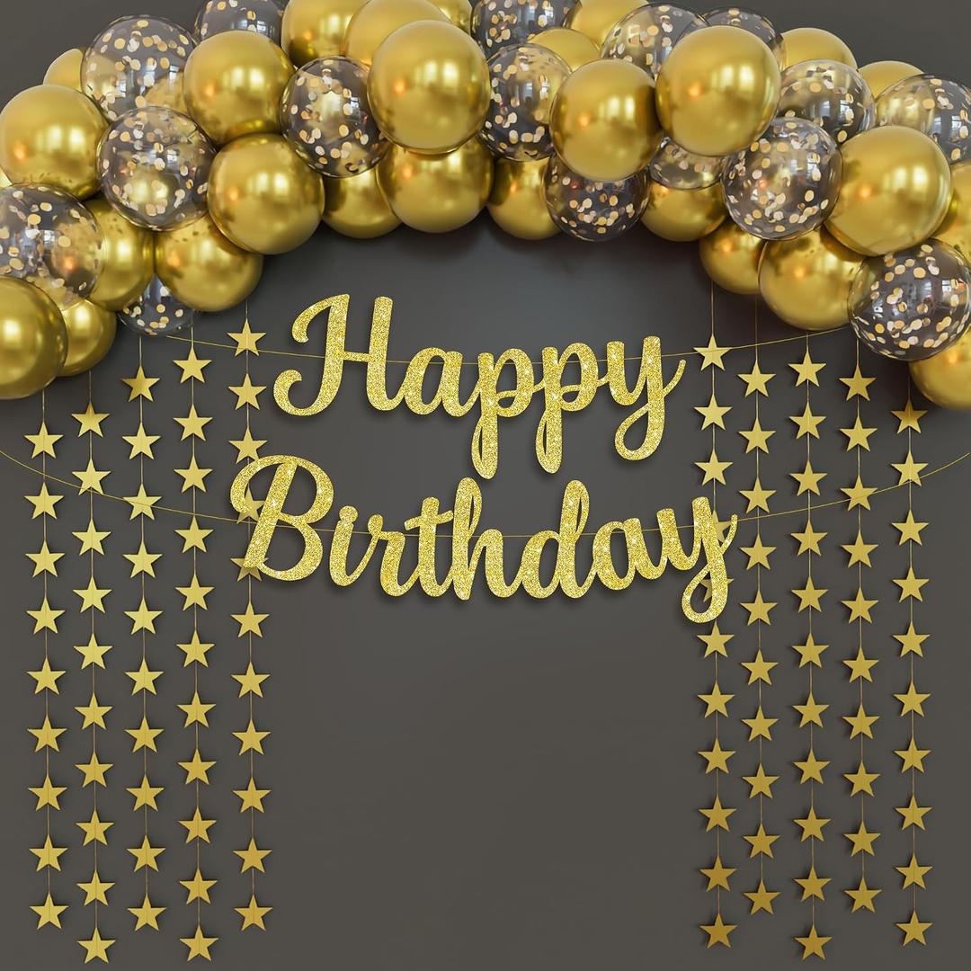 KatchOn Gold Birthday Decorations Set , Pack of 53 | Glitter Happy Birthday Banner, Gold Star Garland and Confetti Balloons Arch Kit, Happy Birthday Decorations Women, Men