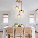 3 Light Cluster Light Pendant Light Fixture, Mid Century Modern Ceiling Light Adjustable 59" Gold Chandelier with Amber Glass Shades, Island Lights for Kitchen Farmhouse Living Room
