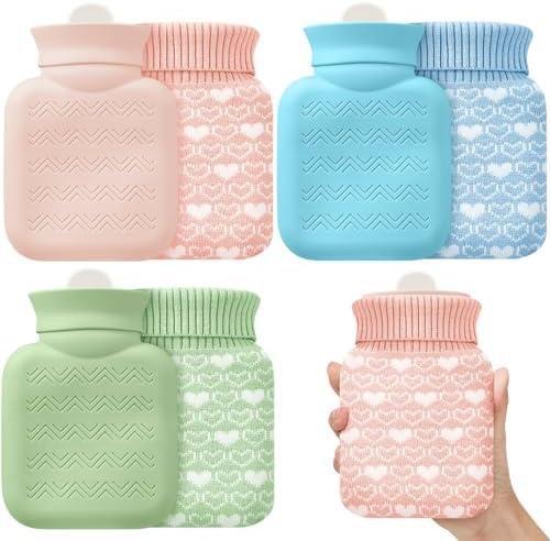 Amylove 3 Pcs Mini Hot Water Bottle for Hot & Cold Compress with Cover 320ml Silicone Microwave Heating Bottles Small Water Bag for Travel Holiday Gift(Pink, Blue,Heart Print)