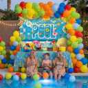 75Pcs Party Decorations Supplies,Tropical Aloha Photography Backdrop,Faux Grass Table Skirt and Balloon Garland Arch Kit for Birthday Party (Pool)