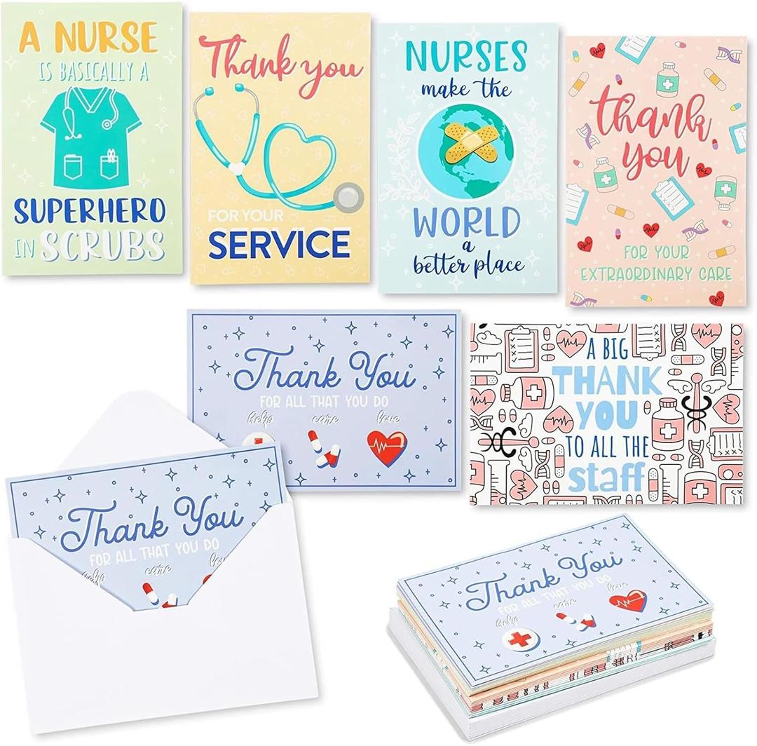 Nurse Appreciation Thank You Cards with Envelopes, 6 Designs (4 x 6 In, 24 Pack) - Nurses Day Cards