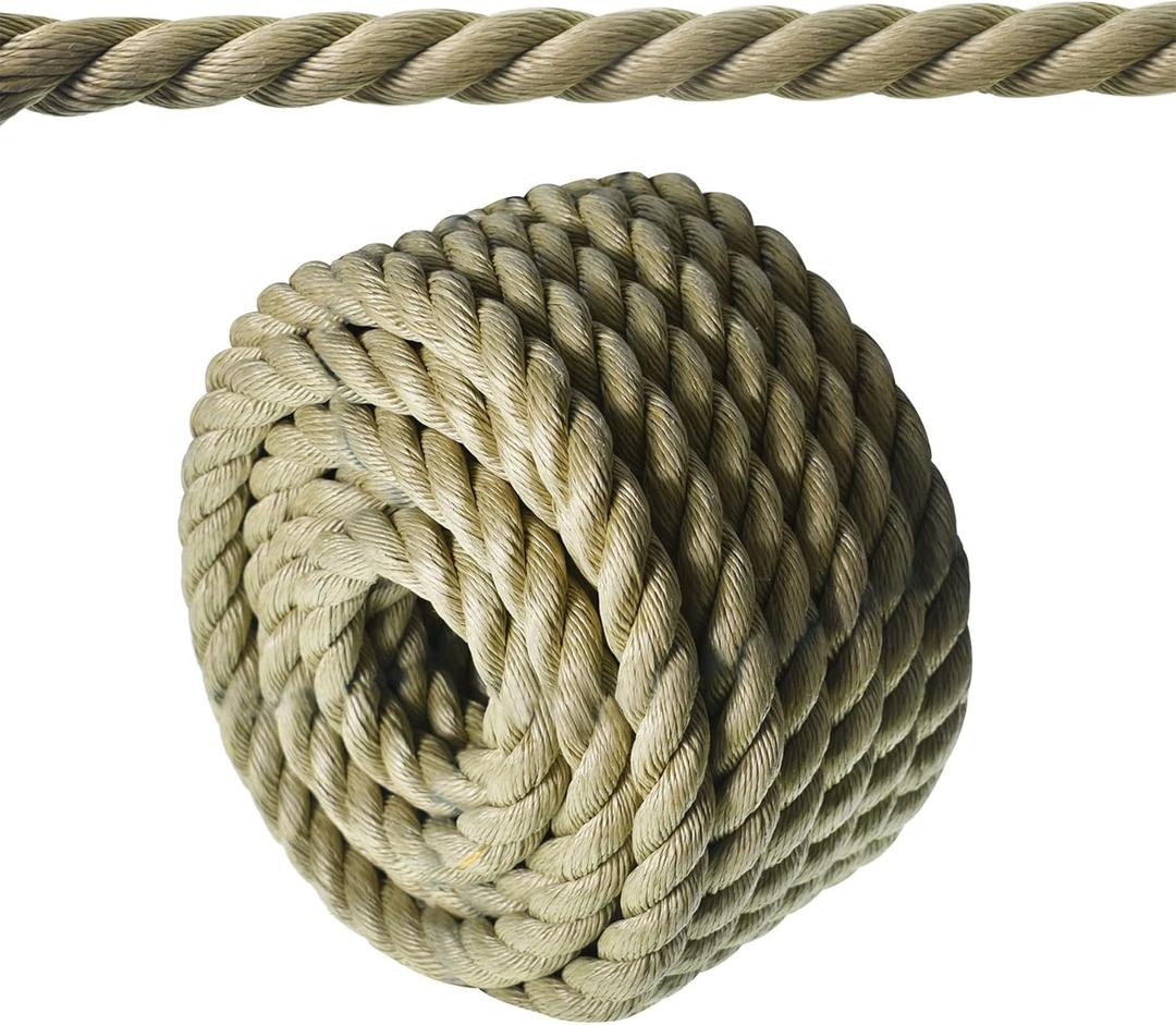 1in 50ft Twisted 3 Strand Synthetic Polypropylene Line Artificial Manila Rope Suitable for Tree Work Camping Navigation Swing