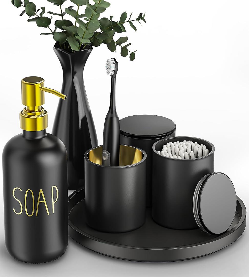 Black Bathroom Accessories Set with Tray, 6pcs Matte Black Bathroom Accessory Sets, Glass Soap Dispenser and Toothbrush Holder Set, Qtip Holder, Ceramic Flower Vase, Bathroom Set Decor