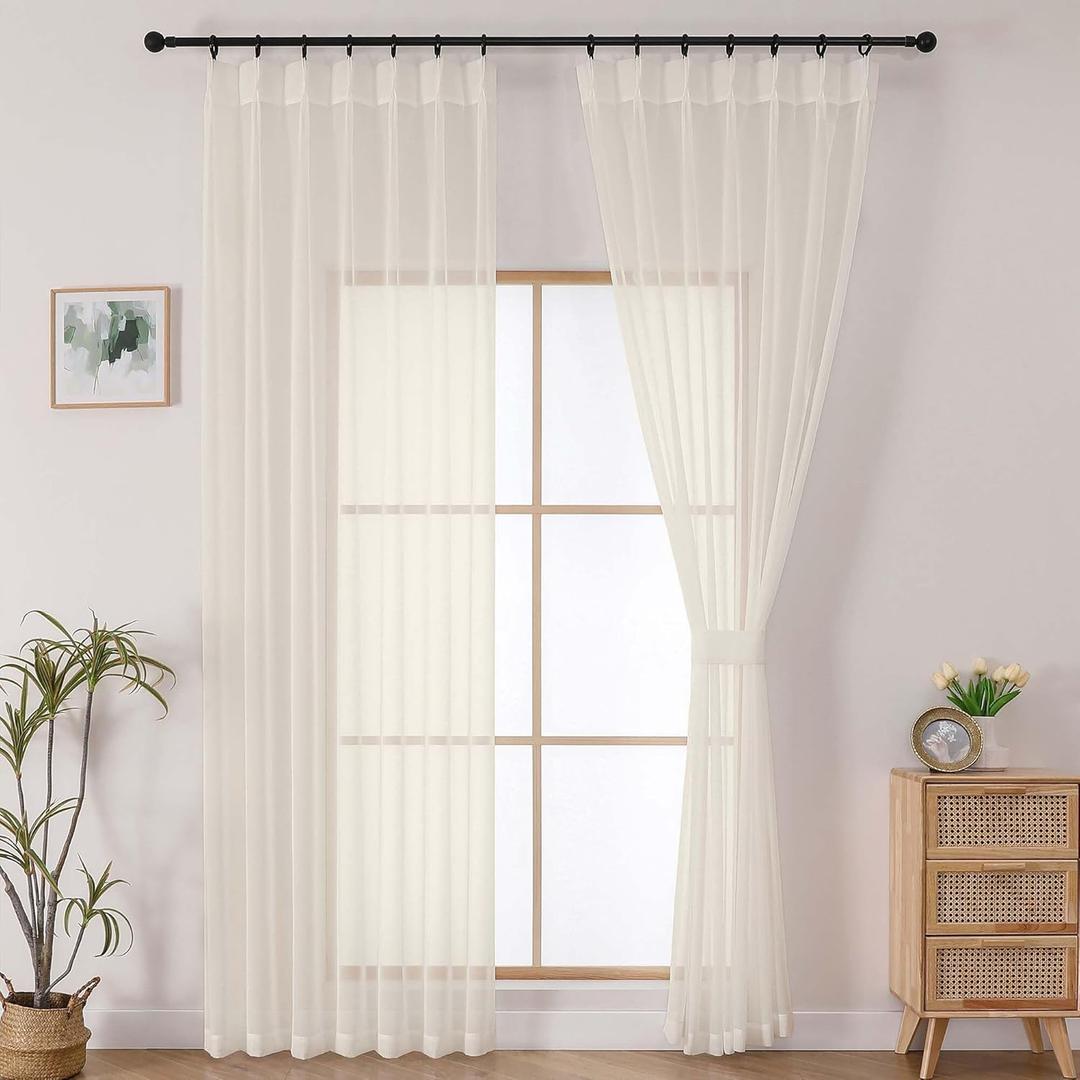 OWENIE Cream Pinch Pleated Sheer Curtains 84 Inches Long 2 Panels Set for Bedroom Living Room, Soft Airy Light Filtering Sheer Privacy Curtains Drapes, Cream, 2Pcs, Each 40x84 Inch