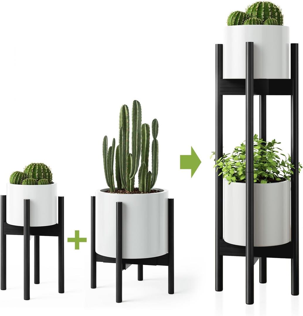 MUDEELA Only 1 Pack Indoor Plant Stands, 2 Tier Tall Plant Stand 30 inches, Mid Century Bamboo Plant Stand, Adjustable Width 8 - 12 inches, Fits Pot Size 14 Inch High Pot & Plant Not Included, Black