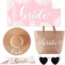 5 pc Bride Beach Bag Honeymoon Gift, Bachelorette Gifts for Bride, Bride to be Gifts, Bride Straw Sun Hat, Bag, Microfiber Towel, Silk Scarf, Sunglasses, Bridal Shower Gift (Bride Beach Gift Set)