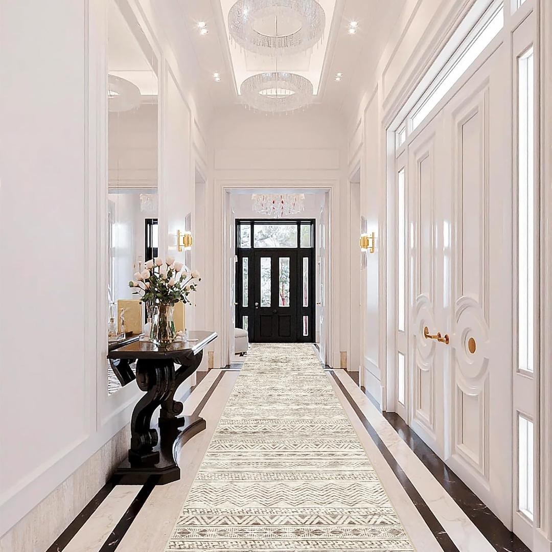 Moroccan Washable Hallway Runner Rug - 2'6"x12' Non Slip Floor Mat for Kitchen Low Pile Living Room Carpet with Rubber Backing Bedroom Rugs for Entryway 2'6"x12' Beige