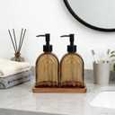 Glass Soap Dispenser Set with Wooden Tray, 13.5Oz Refillable Liquid Modern Soap Dispenser with Plastic Pump for Hand and Dish Set for Bathroom Countertop Decor (Dark Brown)