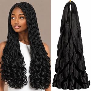 French Curl Braiding Hair 24 Inch, 8 Packs Pre Stretched Loose Wavy Braids Hair, Natural Black Synthetic Hair Extensions for Women