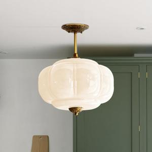 Milk Glass Ceiling Light Fixture - Antique Brass Semi Flush Mount Pendant Light for Kitchen, Hallway, and Bedroom 15 inch (White 15 inch)