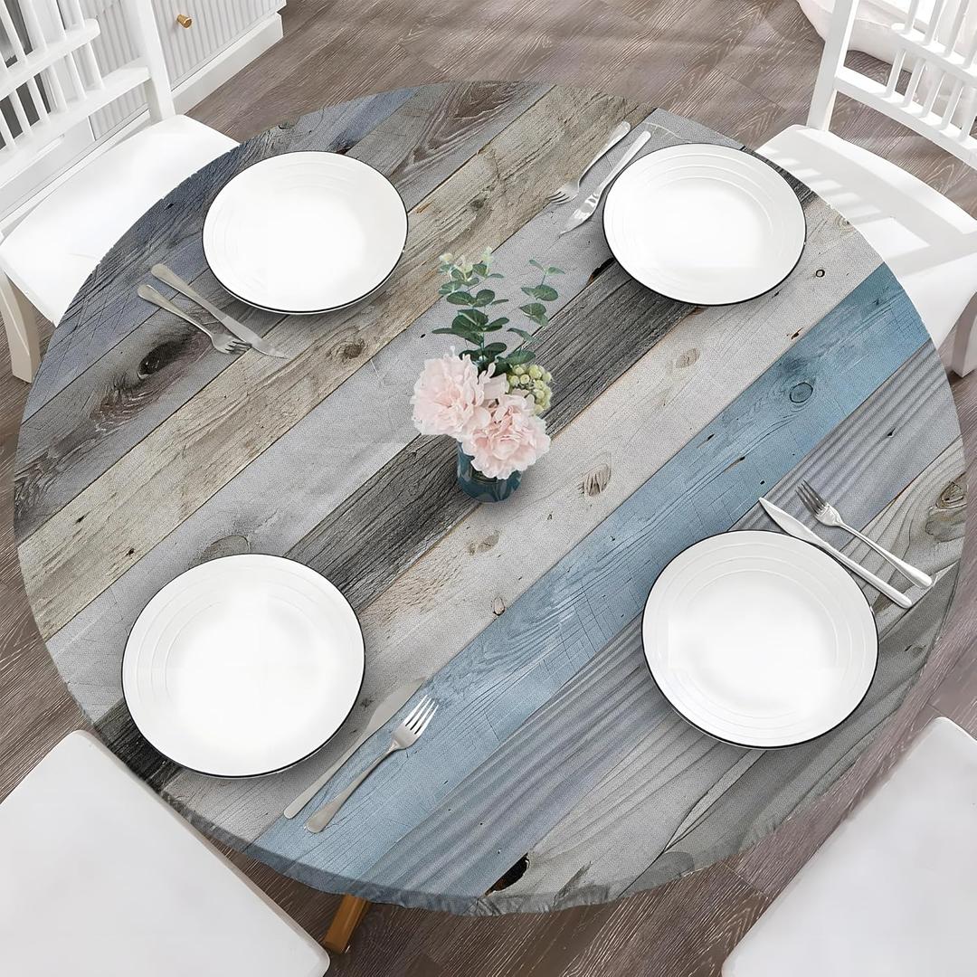 Wood Grain 48 Inch Round Fitted Cloth Tablecloth with Elastic Edged, Waterproof Oil Proof Wipeable Table Cover for Indoor Outdoor Patio Table, Fits Round Tables Up to 46" - 50" Diameter