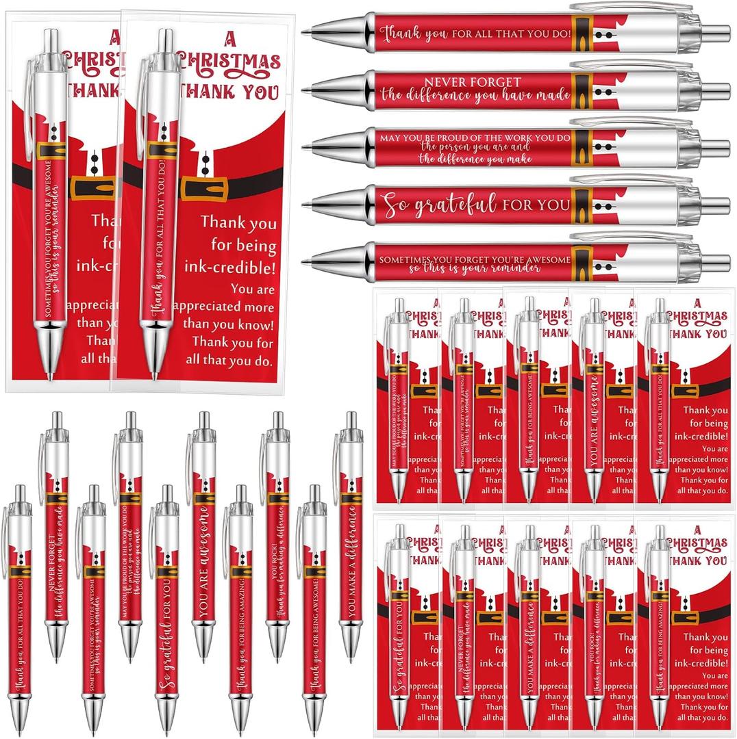 Kosiz 50 Set Christmas Appreciation Gifts for Coworkers Santa Claus Inspirational Ballpoint Pens with Christmas Thank You Cards Motivational Pen for Xmas Party Favor Employee Team Teacher, 10 Styles