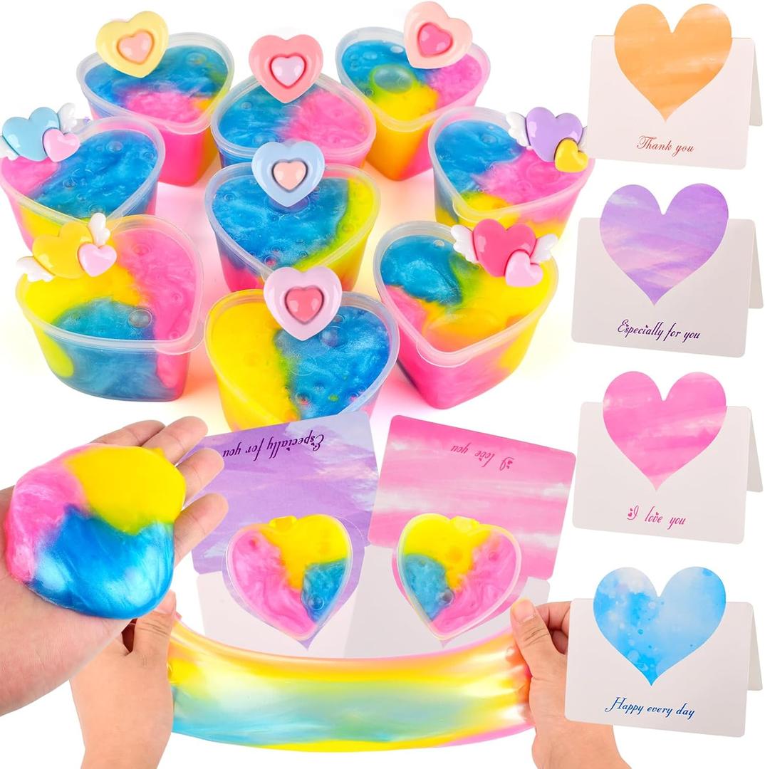 12 Pack Valentine's Day Galaxy Slime Gift kit with Loving Heart Charm, Greeting Card, Clear Slime for Birthday Easter Party Favor, Soft Non-Sticky Sensory Toys for Girls and Boys 6 7 8 9 10 11 12