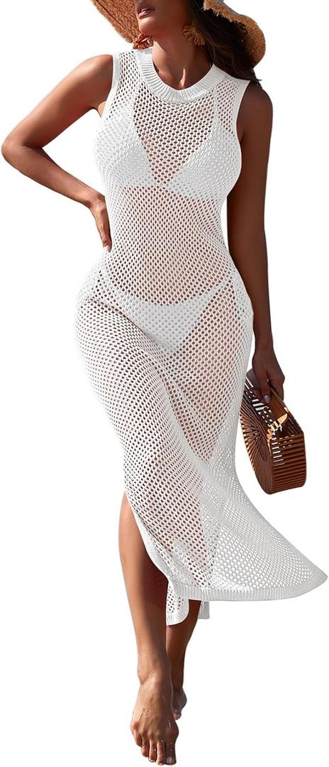 Pink Queen Women Swimsuit Cover Up Hollow Out Sleeveless Beach Maxi Dress Side Split Knit Bathing Suit Cover Up for Women (Medium, White)